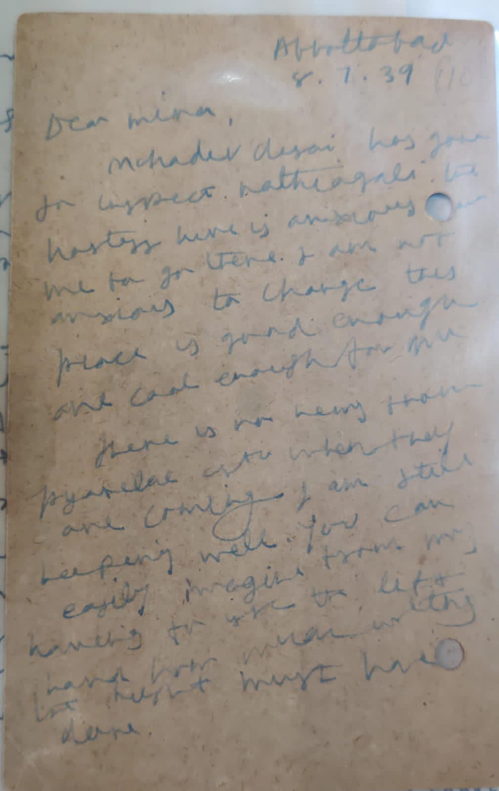 Letter to Mina from Abottabad