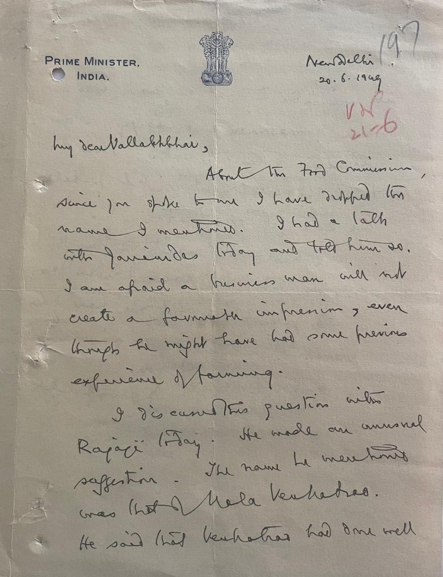 Letter by Jawahar lal Nehru to Sardar Patel